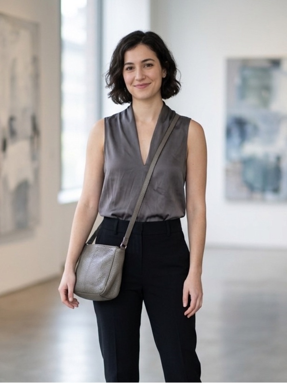Ramy Brook Grey Silk Sleeveless V-Neck Top